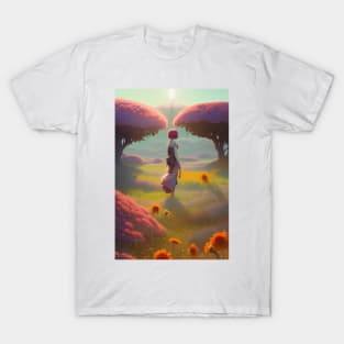 Cute Anime Girl in Field of Red Flowers & Trees - Sunshine T-Shirt